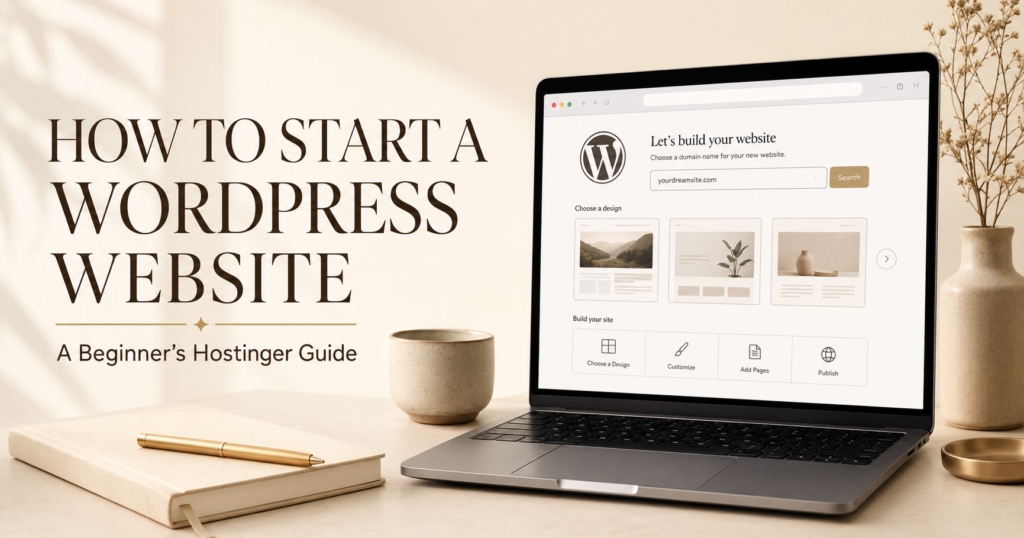 Warm neutral workspace with a laptop showing WordPress website setup for a beginner Hostinger guide.