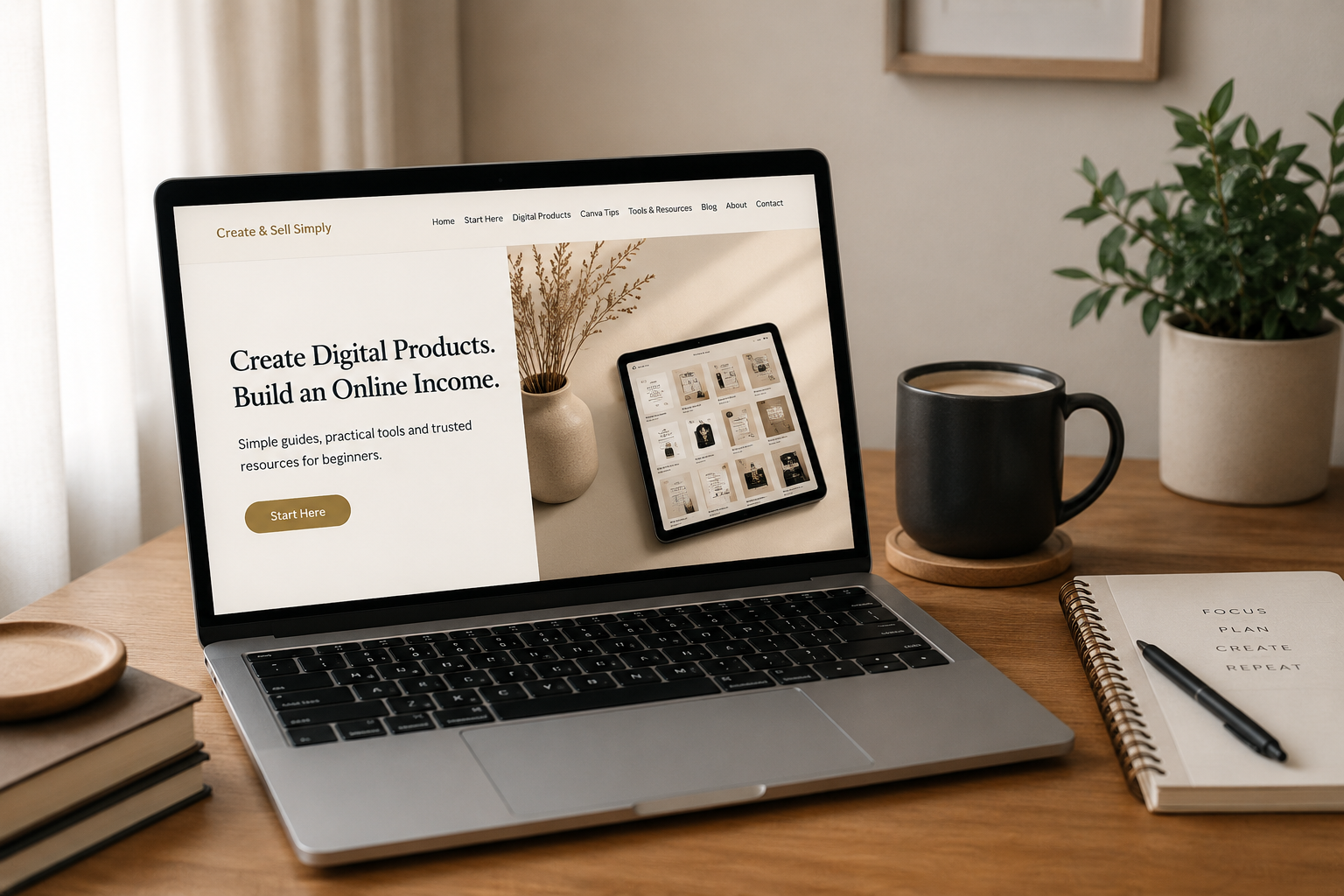 A laptop on a wooden desk displaying the Create and Sell Simply website homepage with guides for digital products and online business
