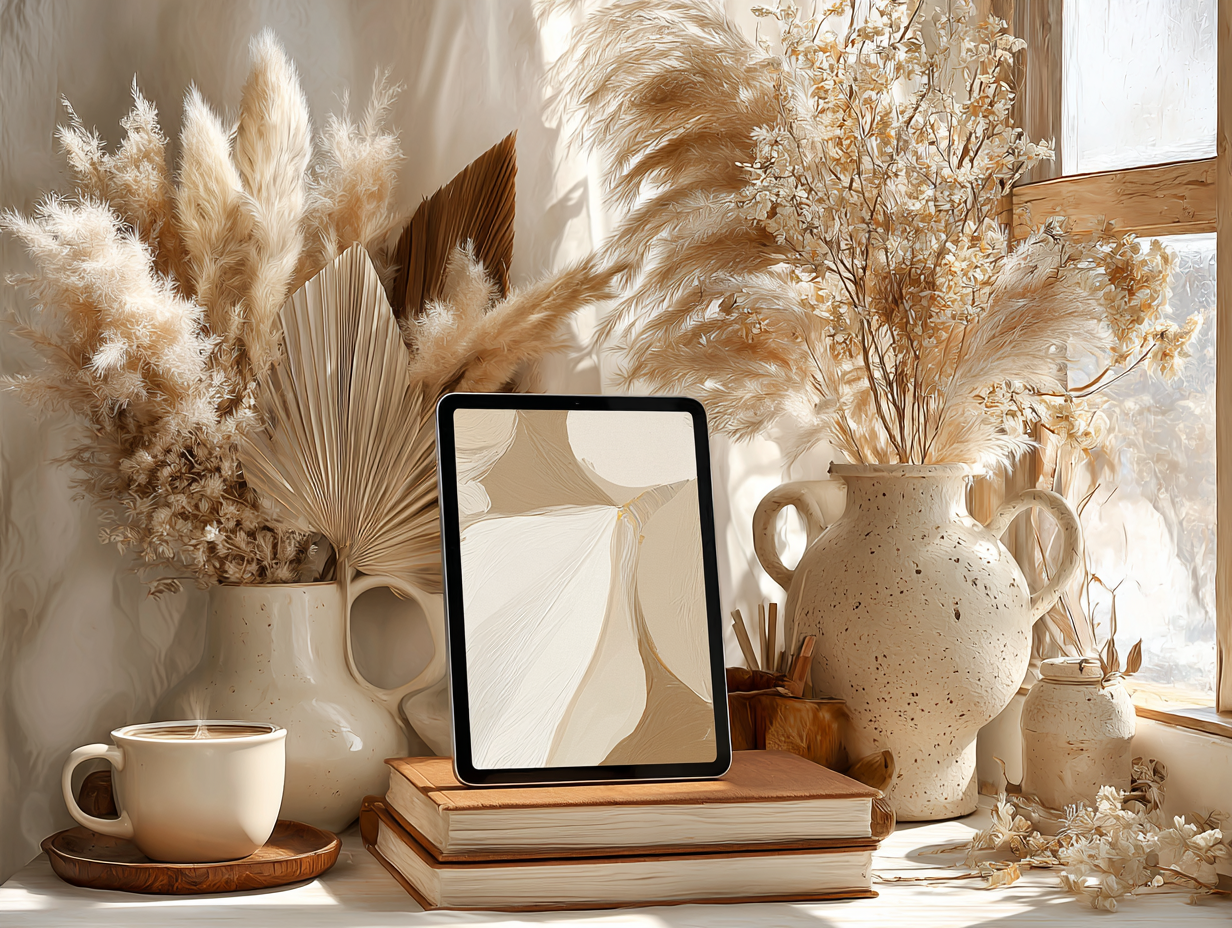 Aesthetic workspace setup with a tablet, coffee, and pampas grass decor representing digital product creation and work from home lifestyle