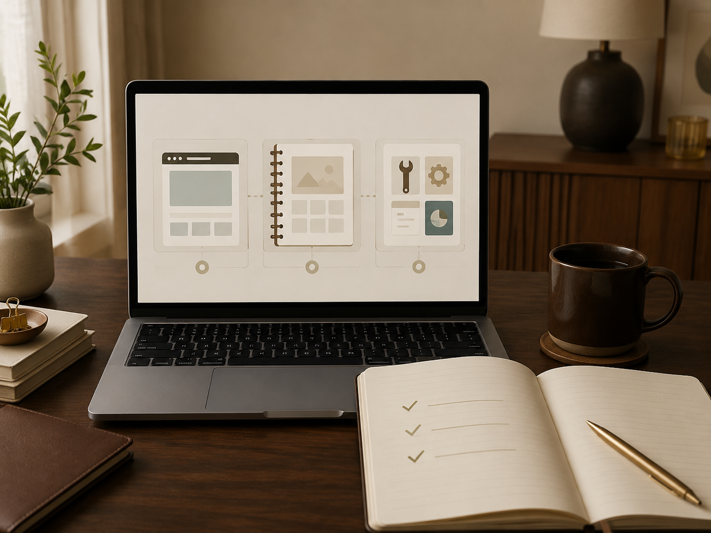 Three-step online business journey showing website building, digital product creation and useful online tools.